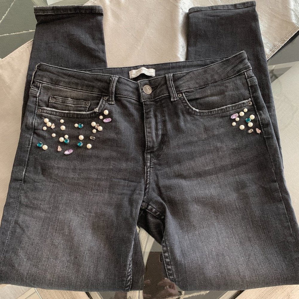 Zara Jeweled Black Denim Jeans
